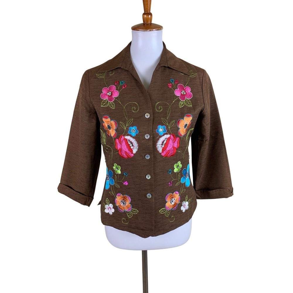 Silkland Brown Floral Embroidered Y2K Boho Silk Cropped Jacket Small